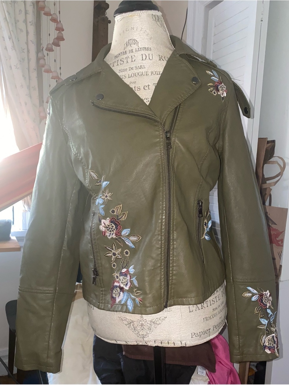 Kate & Mallory Olive Green Embroidered Faux Leather Moto Jacket